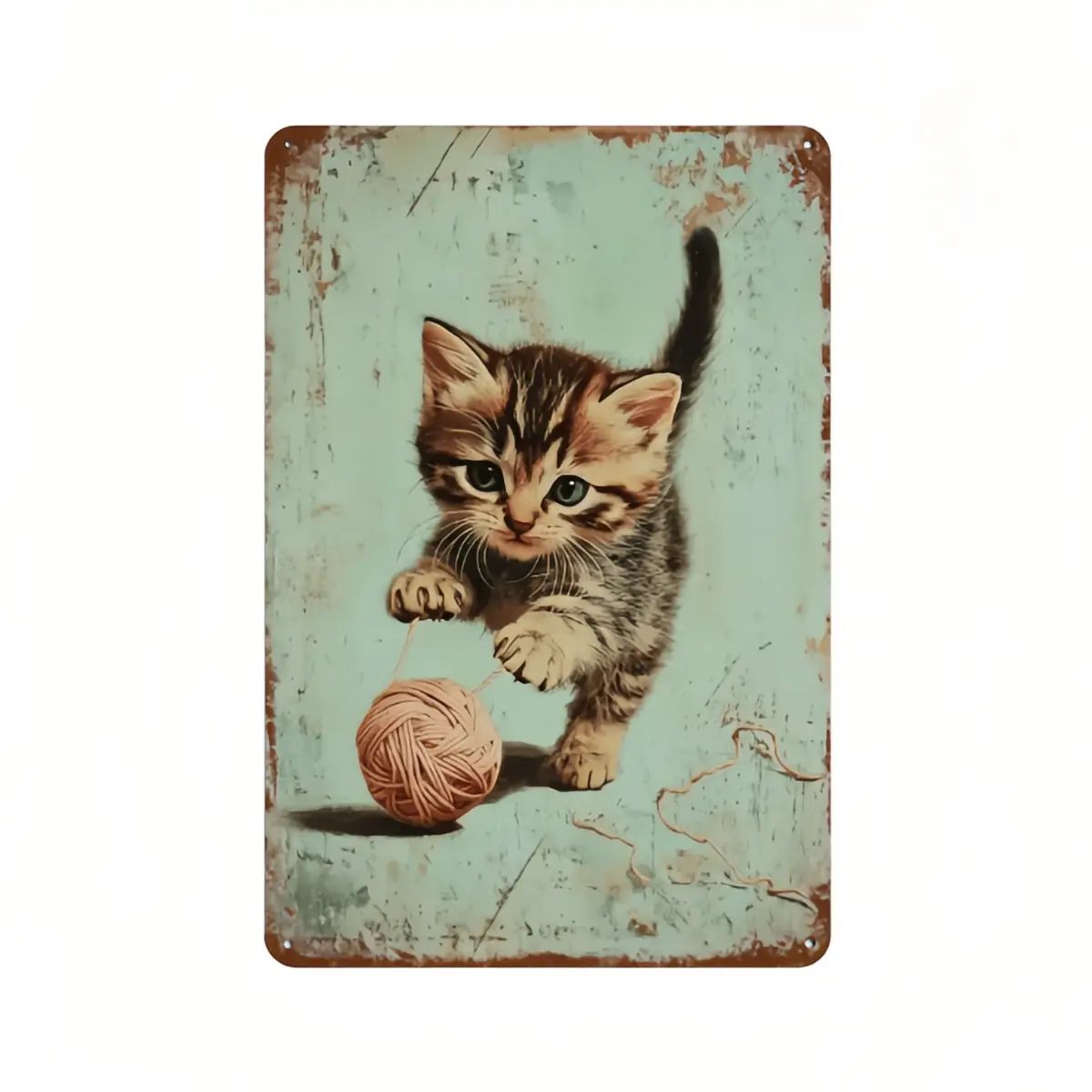 Retro Fluffy Tabby Kitten Iron Wall Sign - Pink Yarn Ball, Aged Mint Grunge, Muted Vintage Rustic Kitty Tin Plaque, Soft Country Cottage Cat Decor Gift For Cat Lovers Housewarming