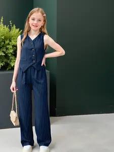 Girls' Fashion Striped Irregular Hem Blazer Vest Set, Casual Suit for Kids, Spring Summer Fall, School Season, Family Outing