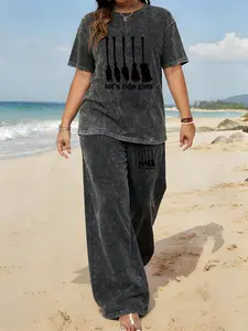 Spring and Summer Sports Plus Size Two-piece Set with patchwork print, Tie-dye Washed Vintage Short Sleeve T-shirt and Wide-leg Pants, Plus Size Women's Jogging Outfit