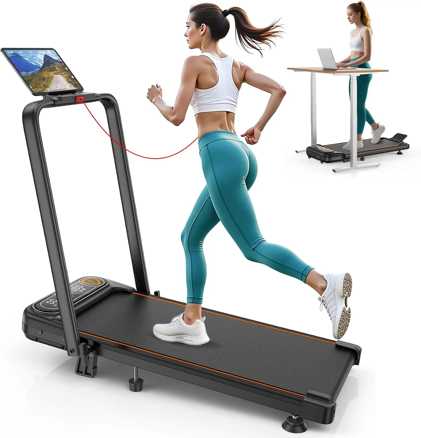 Compact Folding Walking Pad Treadmill with 3.5 HP Motor, 15% Max Incline, RGB Light, Transparent LCD Dual Screen, Handle Bar, 350lbs Capacity, Smart App Compatibility for Home Walking/Run Use