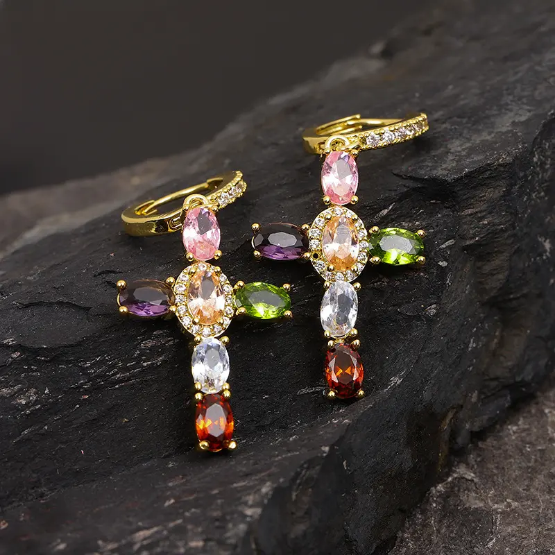 Women's 14 Karat Gold Plated Hypoallergenic Cross Huggie Hoop Earrings, Dainty Crystal Cubic Zirconia Dangle Earrings, Statement Jewelry Gifts for Birthday, Mother's Day, First Communion