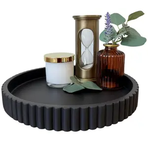 Boho Wood Decorative Tray - Wood Powder-Coated Centerpiece with Fluted Circle & Wood Grain Suitable for Coffee Table, Jewelry Organizer, Serving Tray - Artisan Tabletop Storage Trays, Bathroom Trays