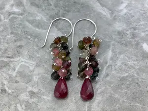 Ruby & Watermelon Tourmaline Cluster Earrings · 925 Sterling Silver · Natural Gemstone Dangle · Handmade Gift for Her