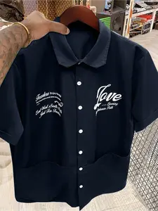 American Street Style Short Sleeve Shirt, Button Down Shirts, Chicken Soup Print, Vintage Button-Up, Casual Loose-Fitting Woven Fabric, All Seasons