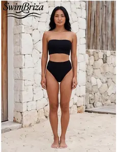 Briza｜Black High Waisted Bikini Sets For Women Smocked Bandeau Two Piece Swimsuit Women Bathing Suits 2 Piece Set Strapless Beach Swimwear For Women Summer Vacation Resort Cruise Bathing Suits For Women, Women's Swimwear, Bathing Suit for Women