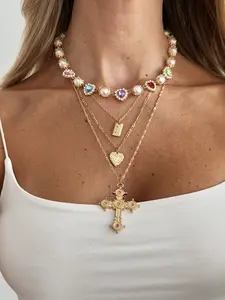 Vintage Metal Cross Pendant Y-Shape Long Necklace Set, Bohemian Style Colorful Crystal Pendants, Women's Daily Wear Jewelry Gift