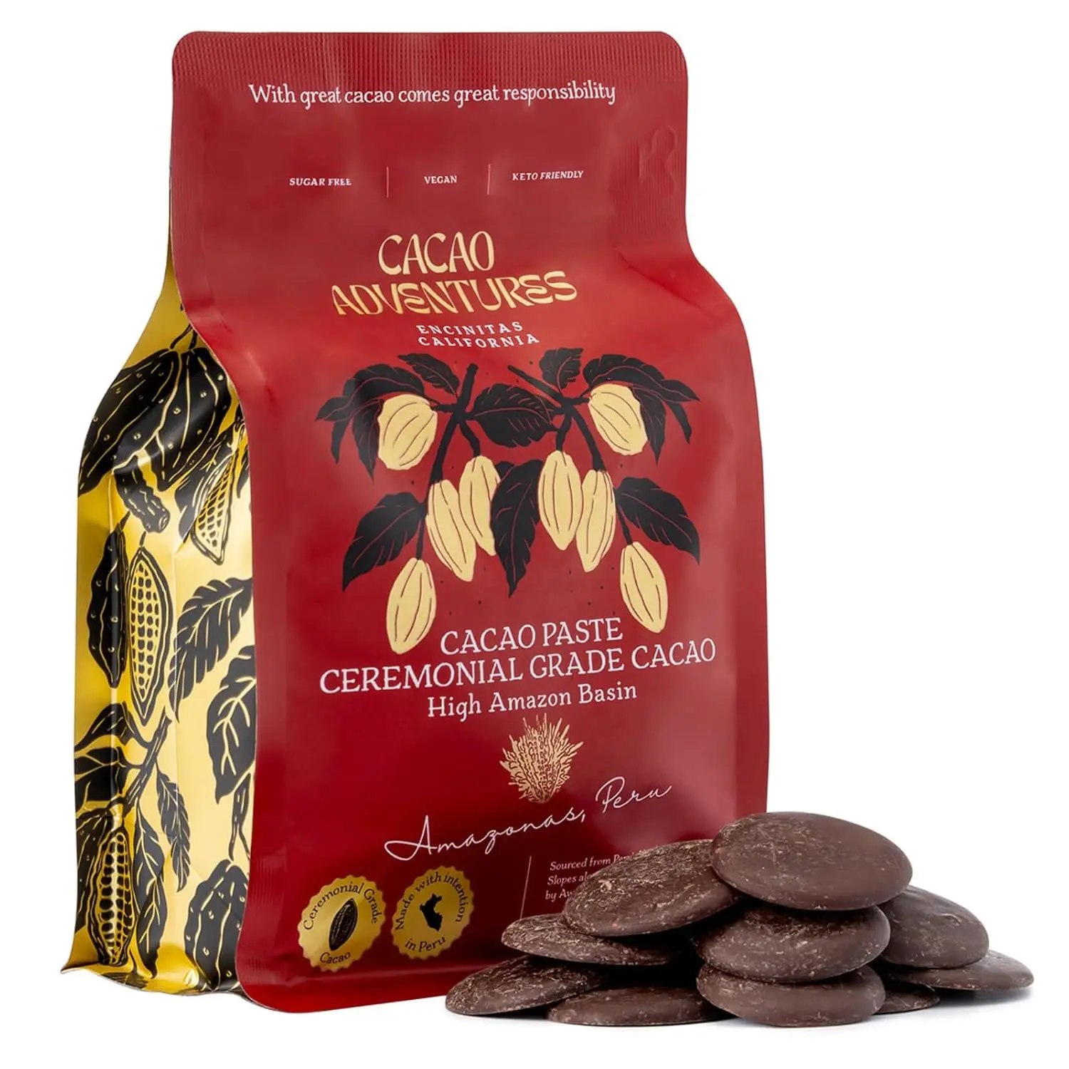 Cacao Adventures Ceremonial Grade Cacao | 100% Pure Cacao | Dairy & Vegan Free | Unsweetened | Vegan Peruvian Cacao | Pre-portioned coins · ~5g per disc · 90 mg/g lab-verified polyphenols · Awajun-farmed · Dairy-free, vegan, gluten-free