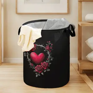 Valentine's Day Thorn Rose Heart Print Laundry Basket with Handle, Durable Halloween Foldable Dirty Clothes Storage Basket, Large Capacity Toy Box