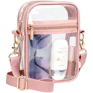 Stadium Approved Clear Crossbody Makeup Bag - Fits Phone & Essentials | Waterproof, Zipper Adjustable Strap for Concerts & Sports Events