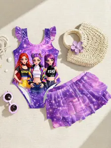 Kpop Girls Two-Piece Swimsuit, Cartoon Print Bikini, Summer Beach Vacation Swimwear, Cute Ruffle Swim Dress