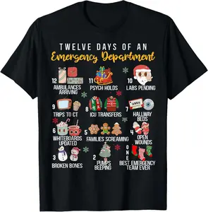 100% Cotton 12 Days Of An Emergency Department, ER Nurse Christmas T-Shirt