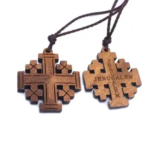 Wood Jerusalem Cross Necklace, Wood Religious necklace