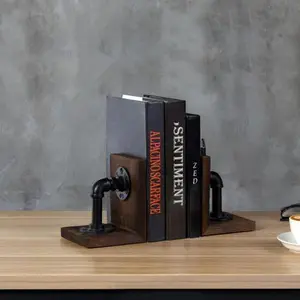 Dark Brown Pipe & Wood Bookends, Set of 2