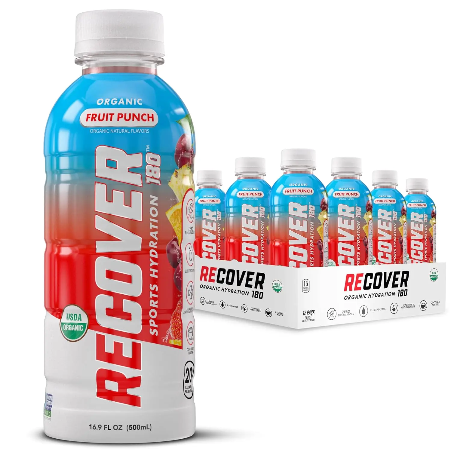 RECOVER 180 Organic Sports Hydration Drink, No Sugar Added, 20 Calorie Sports Beverage, Organic Flavors With Vitamins, Potassium-Packed Electrolytes (16.9 Fl Oz (Pack of 12), Fruit Punch)