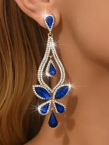1 Pair of Luxurious Blue Waterdrop Butterfly Pendant Earrings, Elegant Ladies' Banquet Party Style Rhinestone Tassel Earrings