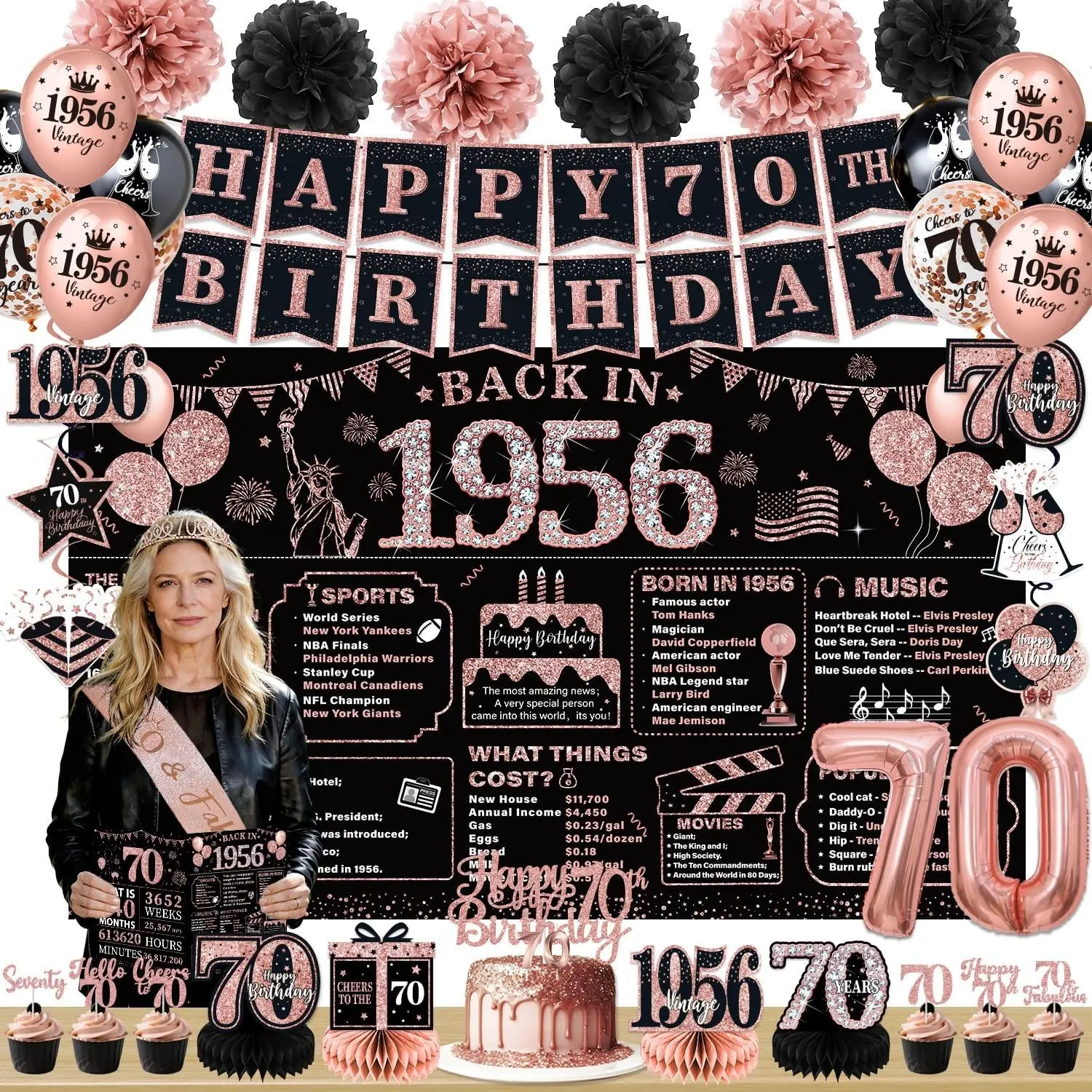 Rose Gold 70th Birthday Decorations for Women 63Pcs Happy 70th Birthday Banner Photo Backdrop Candle Sash and Crown Party Supplies Kit