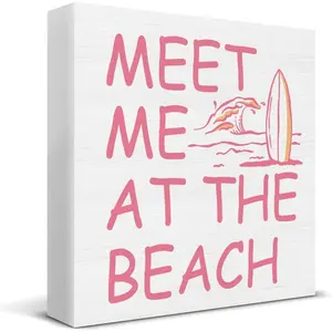 Beach Room Decor for Teen Girls, Beachy Room Decor, Pink Meet Me at the Beach Wood Sign Decoration for Home Bedroom Bathroom Desk Shelf Table 5 X 5 Inch