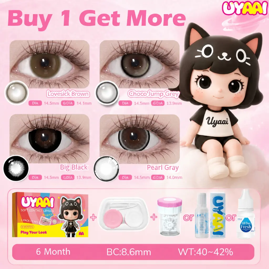 [HOT] UYAAI Big Black contact lenses, Black 14.5mm – Soft, 1 pair + 60ml solution, 10ml eye drops, cleaning kit, lens case.