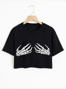 Women's Skeleton Hand Print Round Neck Crop Tee, Fashion Casual Crew Neck T-Shirt for Daily Holiday Outdoor Wear, Ladies Clothes for Summer