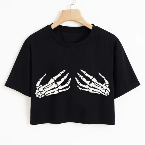 Women's Skeleton Hand Print Round Neck Crop Tee, Fashion Casual Streetwear Crew Neck T-Shirt for Daily Holiday Outdoor Wear, Ladies Clothes for Summer, Tops, Womenswear