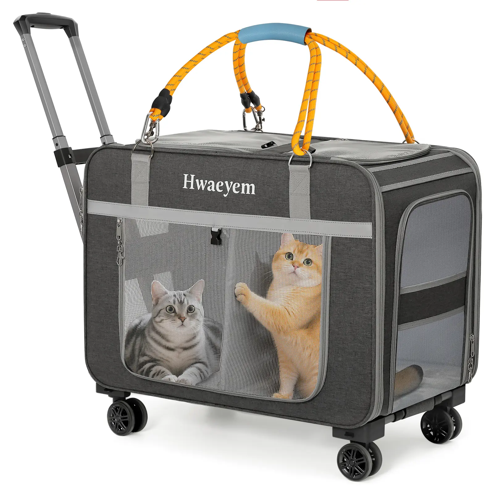 Cat Carrier Bag for 2 Cats with Wheels, 24" X 15" X 17" Dual-Compartment Cat Carrier, Breathable Dog Carriers for Small Dogs with Zipper Locks Soft Bag, Light Gray Expandable Pet Carrier with Wheels Reversible cattravel