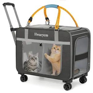 Cat Carrier Bag for 2 Cats with Wheels, 24" X 15" X 17" Dual-Compartment Cat Carrier, Breathable Dog Carriers for Small Dogs with Zipper Locks Soft Bag, Light Gray Expandable Pet Carrier with Wheels Reversible cattravel