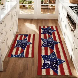 2Pcs Independence Day Pentagram Stripe Floor Mat Set Abstract Art Sketched Printed Carpet Farmhouse Anti Fatigue Kitchen Carpet Anti Slip Washable Kitchen Restaurant Floor Sink Laundry Room Decoration Carpet Mat