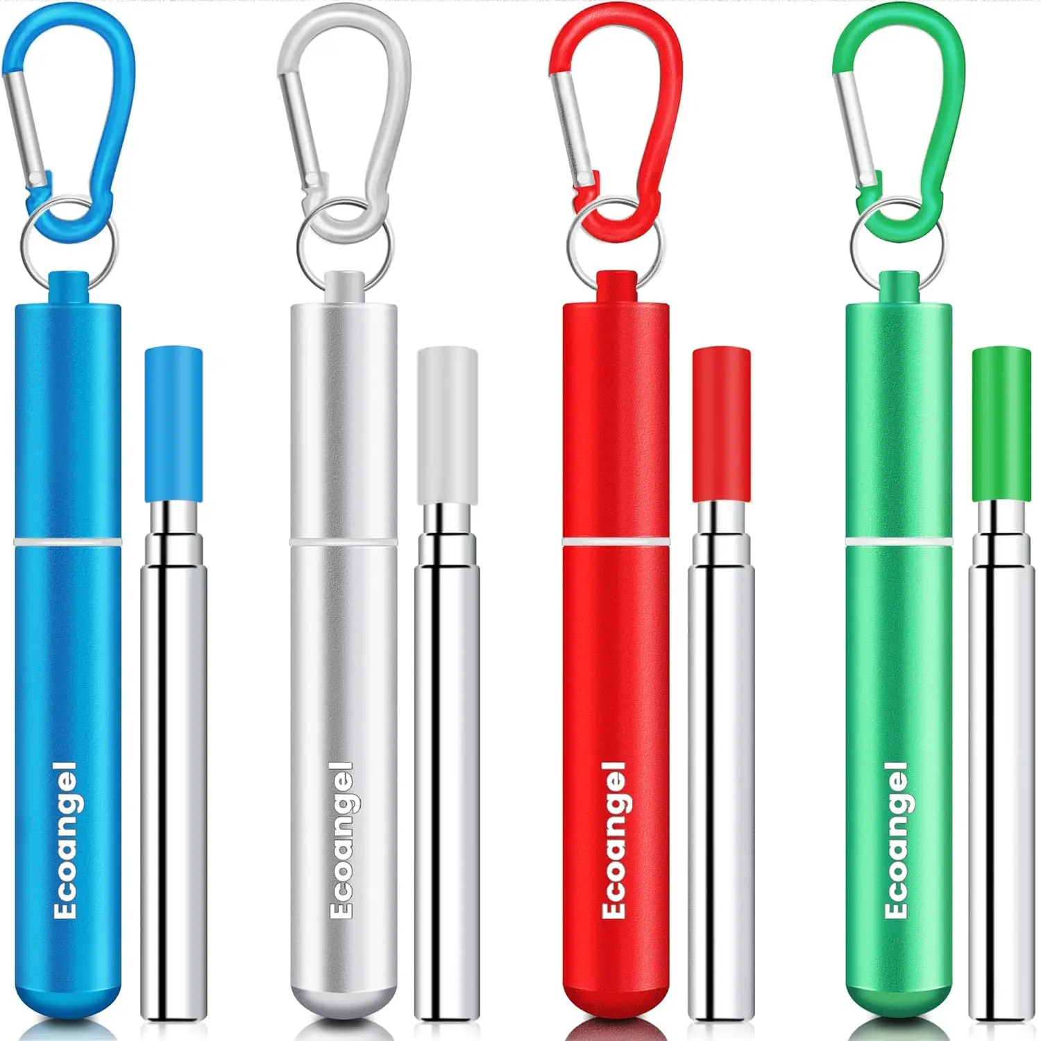 Cruise Ship Essentials,4-Pack reusable Collapsible Stainless Steel Drinking Straws with Aluminum Case,Cleaning Brush,and Keychains （Black & rose gold & blue & gold）