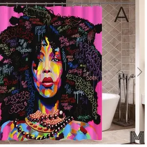 Art Design Graffiti Art Hip Hop African Girl with Black Hair Big Earring with Modern Building Shower Curtain for Bathroom Decor spray mode