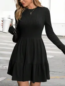 Women's Long Sleeve Knitted Fitted Dress with Ruffled Hem, Fall Basic Fashion Elegant Casual Wear, Comfortable and Stylish, Perfect for Daily