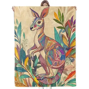 Colorful Kangaroo Blanket Soft Cozy Flannel Boho Throw Blanket, Warm Yet Lightweight Tribal Patterns & Leaves Blankets for Travel, Couch, Bed, for Women Kids Girls, Outdoor Comfort Wrap