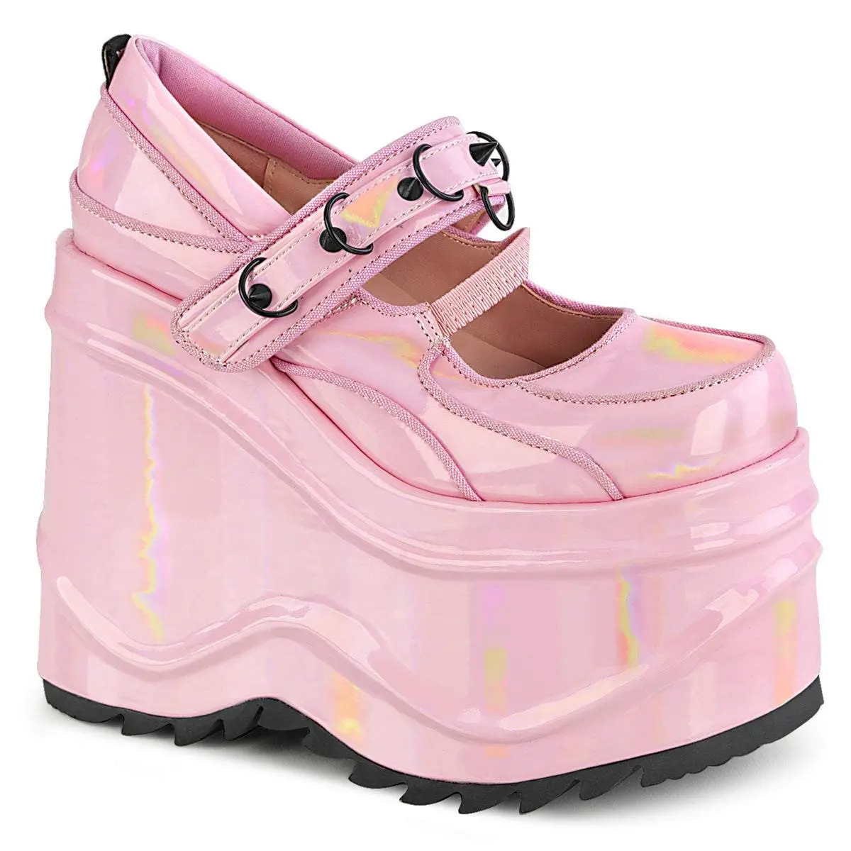 Demonia Wave-48 Baby Pink Hologram Patent Pumps