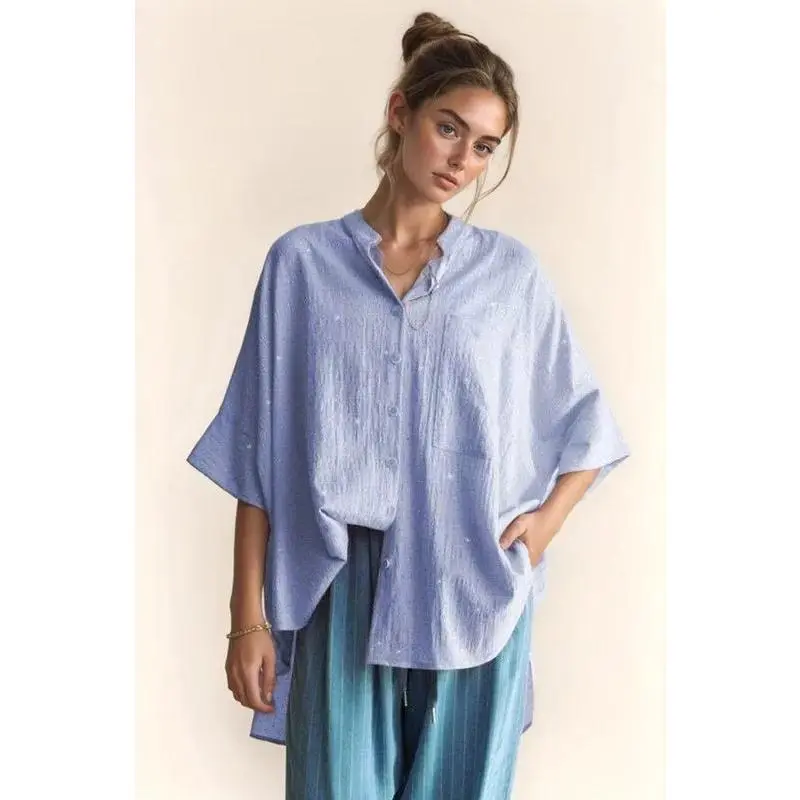 Davi & Dani Rhinestone Pleat Back Short Sleeve Loose Fit Shirt
