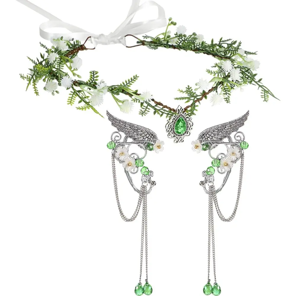 3PCS Halloween Elves Cosplay Set Fairy Flower Crown Headpiece Elf Ears Cuffs Renaissance Costume Leaf Elves Wings Ear Cuff jewelry summerwins