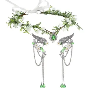 3PCS Halloween Elves Cosplay Set Fairy Flower Crown Headpiece Elf Ears Cuffs Renaissance Costume Leaf Elves Wings Ear Cuff jewelry