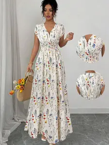 SwimRush Selianne Women's Ditsy Floral V-Neck Sleeveless Waisted Maxi Dress