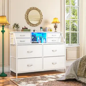 Raybee Furniture 5/8 Drawer Dresser with Charging Station & Led Lights, Fabric Storage Organizer for Bedroom, Storage Drawers with Wooden Top & Open Shelf for Living Room, Entryway, Hallway, Closet