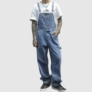 Men's High Cotton Y2K Denim Overalls, Loose Fit Blue Jean Bib Overalls, Retro Streetwear Workwear Jumpsuit with Multiple Pockets, 90s Grunge Casual Overalls for Men