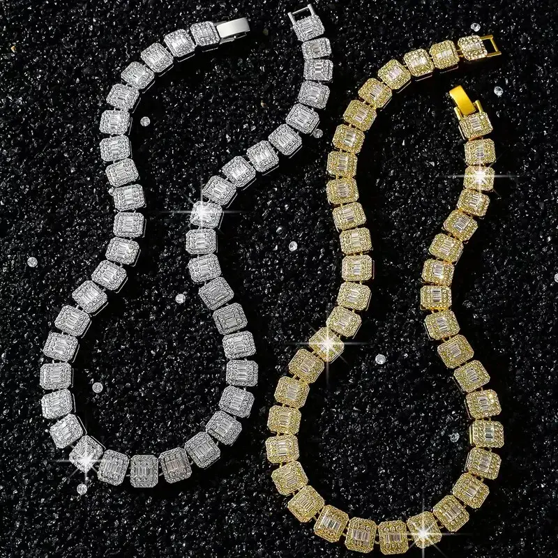 Unisex Hip Hop 12mm 16" 18" 20" Iced Baguette Cubic Zirconia Choker Chain Necklace Jewelry Men Women