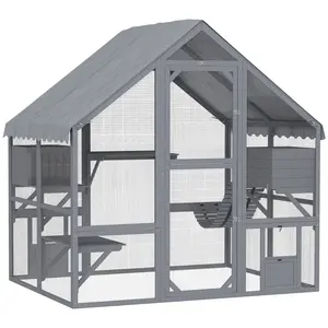 PawHut Large Catio Outdoor Cat Enclosure for Multiple Kittens, Wooden Cat House with Waterproof Cover, Walk in Kitty Cage Kennel with 2 Condos, 4 Platforms, Bridge, Doors, 73" x 55" x 74", Gray