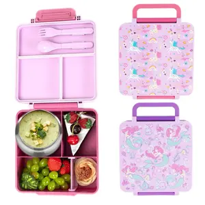 Bento Lunch Box Set for Kids🍗🥦🍓🍰🍲 with 9.5 oz Soup Thermo, Leak-Proof Lunch Containers with 4 Compartment, Kids Thermo Hot Food Jar ，BPA Free ， Utensils for Girl Boy School, Microwave Dishwasher Safe