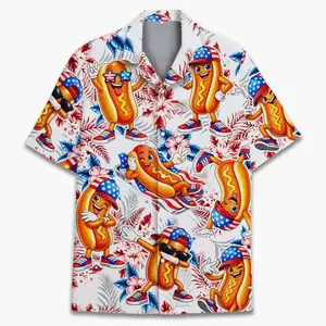 Funny Hotdog Hawaiian Shirt for Men Women Youth, Tropical 4th of July Aloha Shirt Button Up, USA BBQ Party Shirt, Patriotic Food Print Top