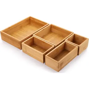 Lawei Set of 5 Bamboo Drawer Organizer Boxes, Desk Storage Box Kit, Drawer Storage Containers Tray Bins for Office, Kitchen, Bedroom, Children Room, Craft, Sewing