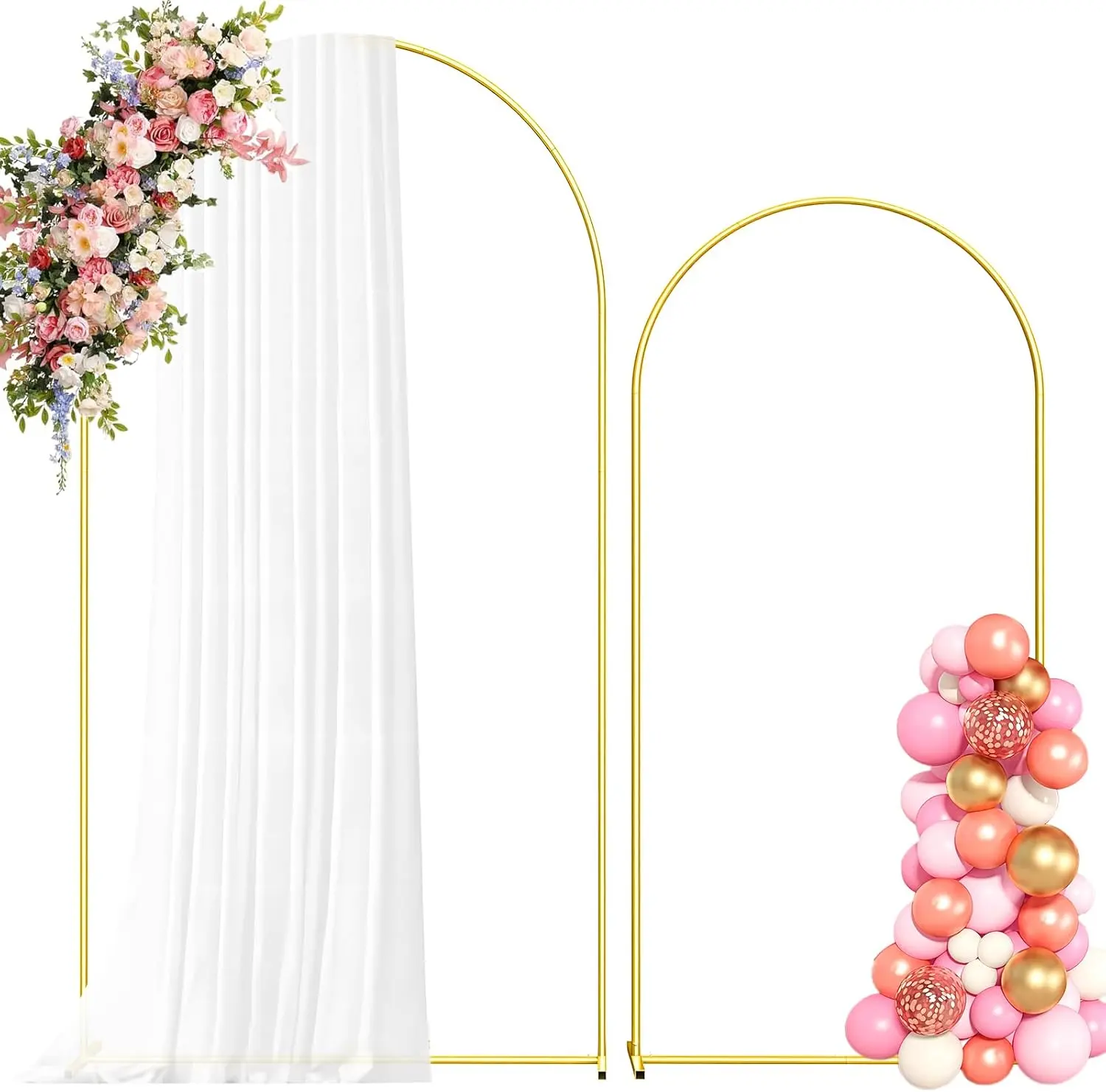 2pcs Gold Wedding Arch, 7.3ft H + 6ft H Gold Metal Wedding Arch Stand Gold Arched Backdrop Frame