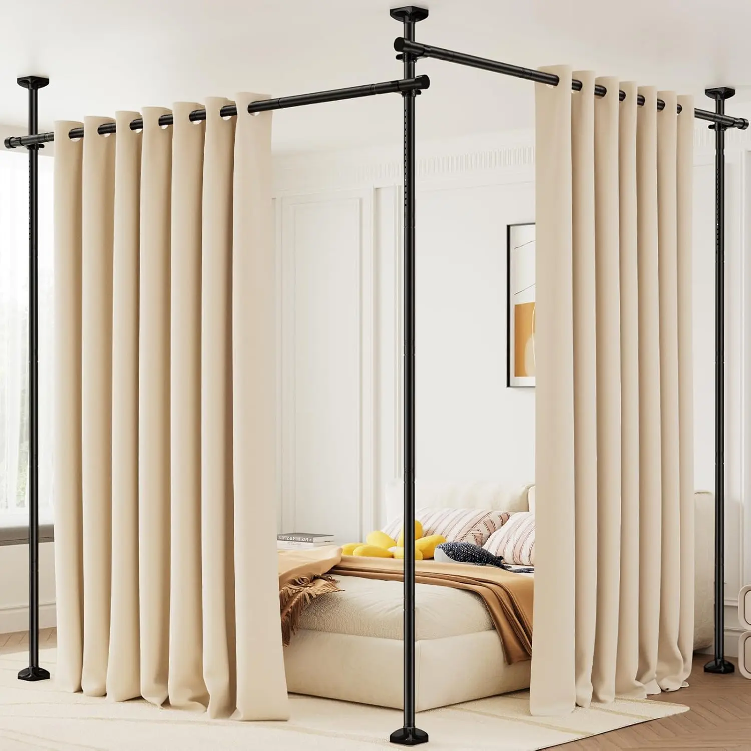 Room Divider Curtain Rod, No Drilling Tension Rod for Room Separation, 4–10 ft (H) × 28–114 in (W), adjustable heavy-duty floor-to-ceiling wall divider/room partition privacy separator, black