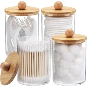 4 Pack Qtip Holder, 10-Ounce Bathroom Organizer Accessories Storage Containers Clear Plastic Apothecary Jars with Bamboo Lids for Cotton Ball, Cotton Swab, Floss Bottles Tin