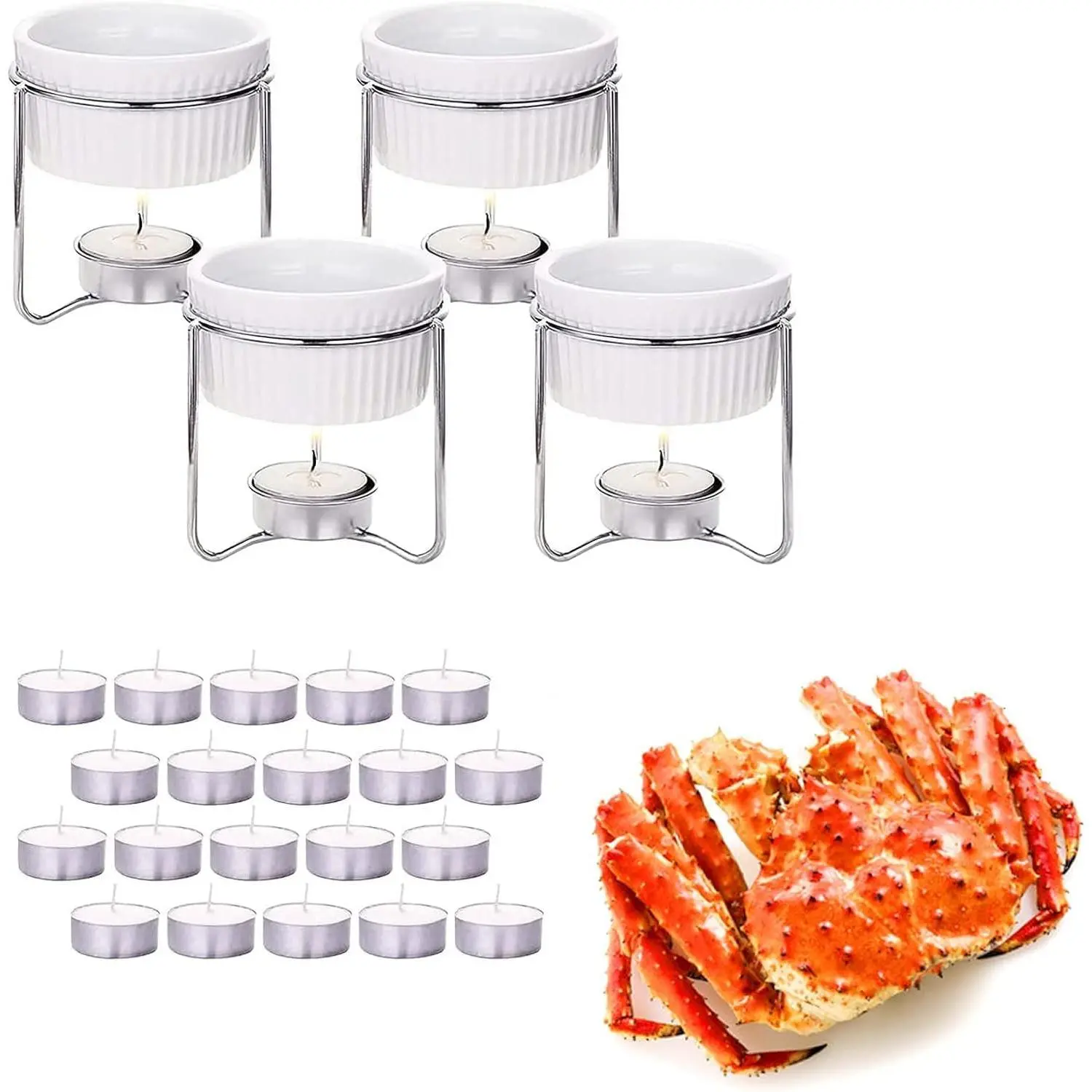 4 Pieces Butter Warmers for Seafood with 20 Pieces Tealight Candles, Ceramic Butter Warmer Set for Chocolate or Cheese Fondue, Dishwasher Safe Microwave Safe Oven Safe