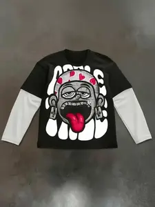 Men's and women's styles, Tops, casual, streetwear design, spring and autumn long-sleeve Fitted version with cartoon-style boy print, round collar, layered, stylish design, perfect for streetwear, hip-hop and trendy outfits