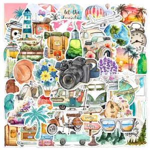 Outdoor Travel Series Sticker, 50pcs/set Waterproof Self Adhesive Decor Paper with Storage Box, Decor Sticker for Gift Greeting Card Water Bottle Laptop Phone, Funny Stickers