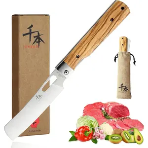 SENBON 4-Piece Pocket Folding Japanese Chef Knife Set: 440A Stainless Steel, Olive Wood Handle, Portable
